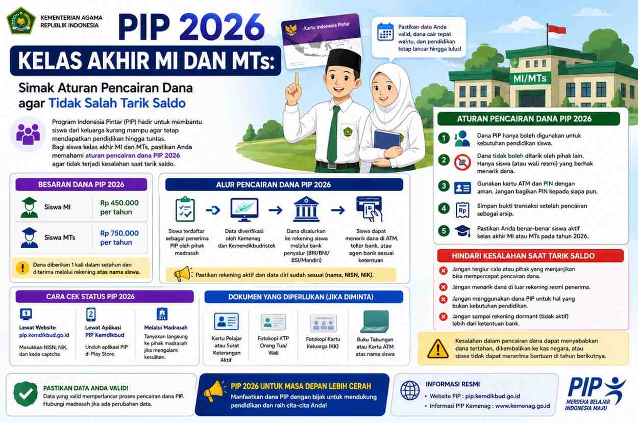 PIP 2026 Kelas Akhir MI dan MTs: Simak Aturan Pencairan Dana agar Tidak Salah Tarik Saldo
