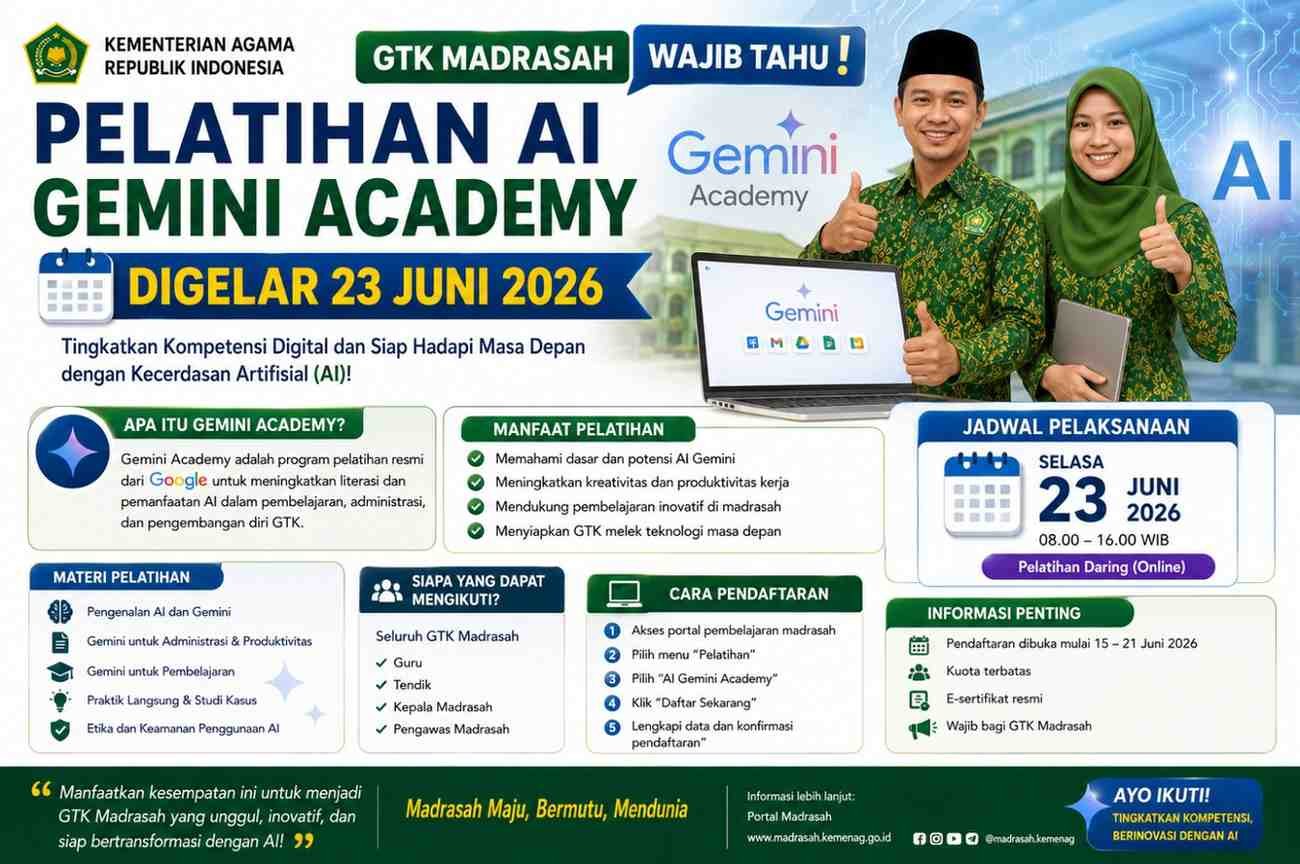 GTK Madrasah Wajib Tahu! Pelatihan AI Gemini Academy Digelar 23 Juni 2026