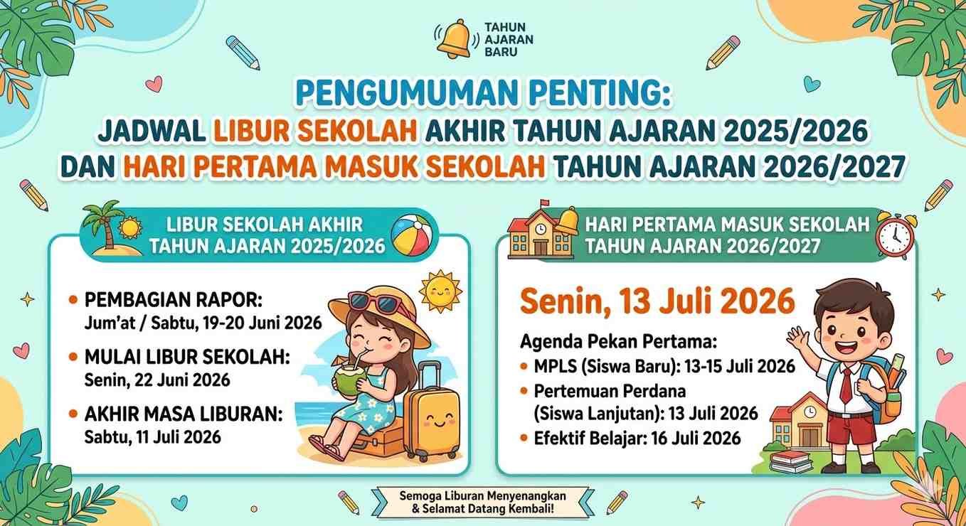 Jadwal Libur Sekolah Akhir Tahun Ajaran 2025/2026 dan Hari Pertama Masuk Sekolah Tahun Ajaran 2026/2027
