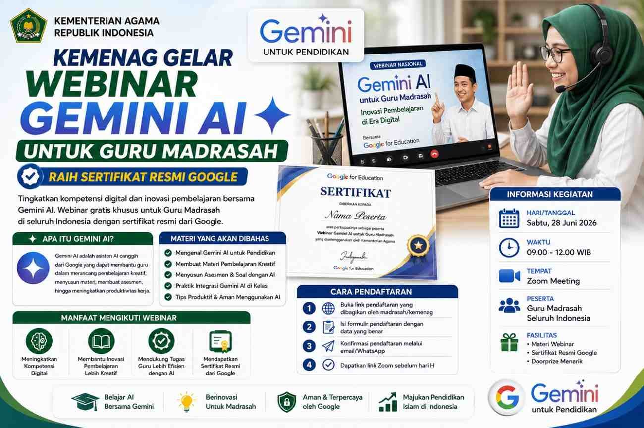 Kemenag Gelar Webinar Gratis Gemini AI untuk Guru Madrasah, Raih Sertifikat Resmi Google